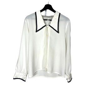 Vintage 90s White Black Trim Quilted Collar Long Sleeve Button Up Top Medium